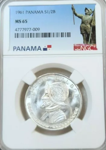 1961 PANAMA SILVER 1/2 BALBOA NGC MS 65 SILKY FROSTY LUSTER SCARCE GEM BU 