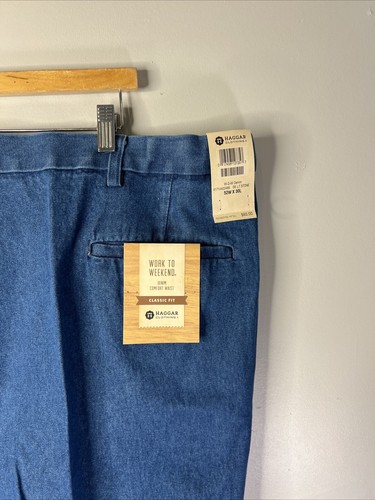 Haggar Pants Adult 52x30 Blue Khaki Chino Denim Pleated NWT Big Tall Men A97 - Picture 9 of 11