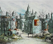 Ron Folland - Original Oil Painting - French Town Scene With Figures.