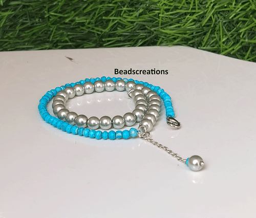 Smooth Silver Pearl and Turquoise Beads Necklace Multi Beads Jewelry Gift Her - Picture 4 of 4