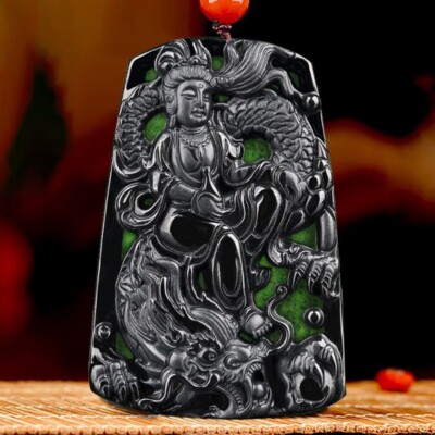 Certified Black Burma Natural A Jade jadeite Dragon GuanYin Pendant Necklace