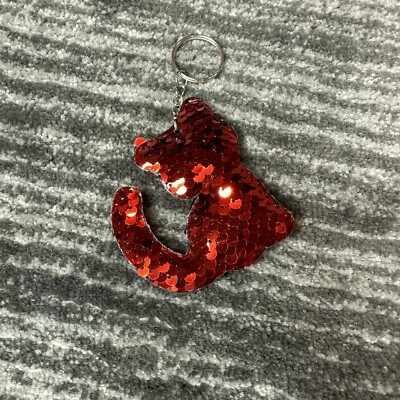 Cat Keychain Red Sequins Kitty Keyring Kitten Black Double Side Sequin Cute New