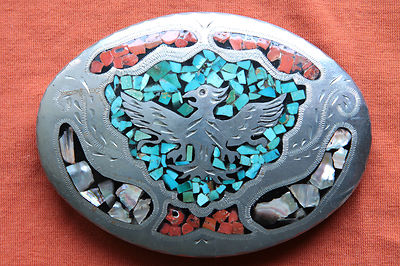 Vtg Turquoise Coral Abalone Inlay Thunderbird Hand Made  display picture 1