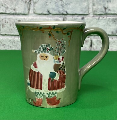 Nantucket Home Green Porcelain 12 oz Coffee Cup Hand Painted Santa Hot Coco Mug