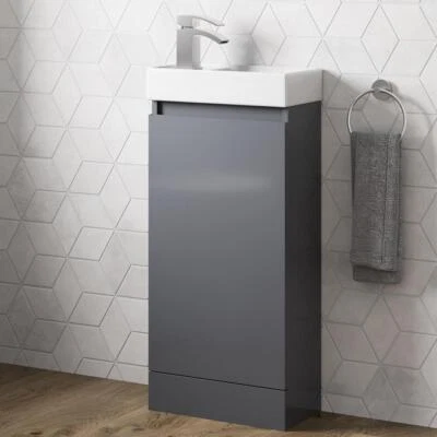 AFFINE Gloss Grey Floor Standing 400mm Slim Vanity Unit Basin Sink Cloakroom Bathroom