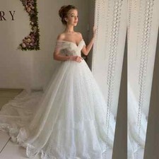 Glitter Tulle Wedding Dresses Off Shoulder Cap Sleeves Bridal Gowns Court Train