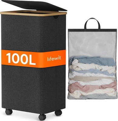 Lifewit 100L Laundry Basket with Wheels, Large Rolling 100L, Gray 