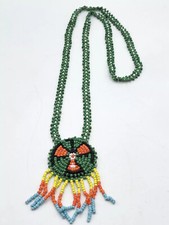 Vintage Native American Seed Bead Fringe Tassel Leather Beaded Necklace