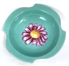 Occupied Japan Teal Green Hand Painted Porcelain Pink Floral Trinket Bowl Dish