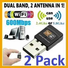 2 Pack Mini Dual Band 600Mbps USB WiFi Wireless Adapter Network Card 2.4/5GHz