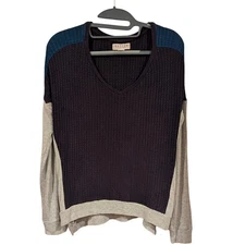 Velvet by Graham & Spencer V-Neck Waffle Knit Top Blue Gray Long Sleeve Small