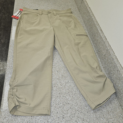Eddie Bauer Women's Khaki Solid Capri Pants Flat Front Roll Cuff Logo Zipper