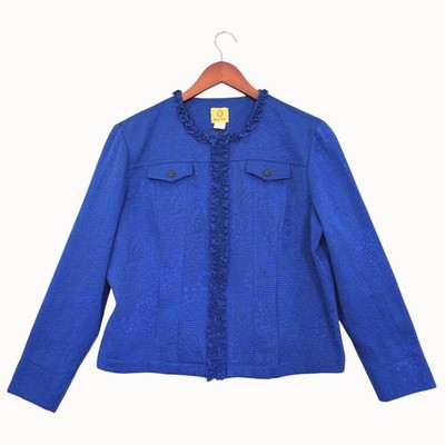 Ruby Rd Jacquard ZipFront Jacket Sz 18 Royal Blue Polished Chic Office Statement