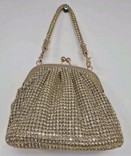 Women's Gold tone grid mesh Rhinestone kiss-lock pouch bag Evening Wear Bag