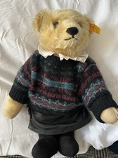 Steiff Teddy Bear Plush w/ Yellow Ear Tag, Knit Sweater leather skirt 1990