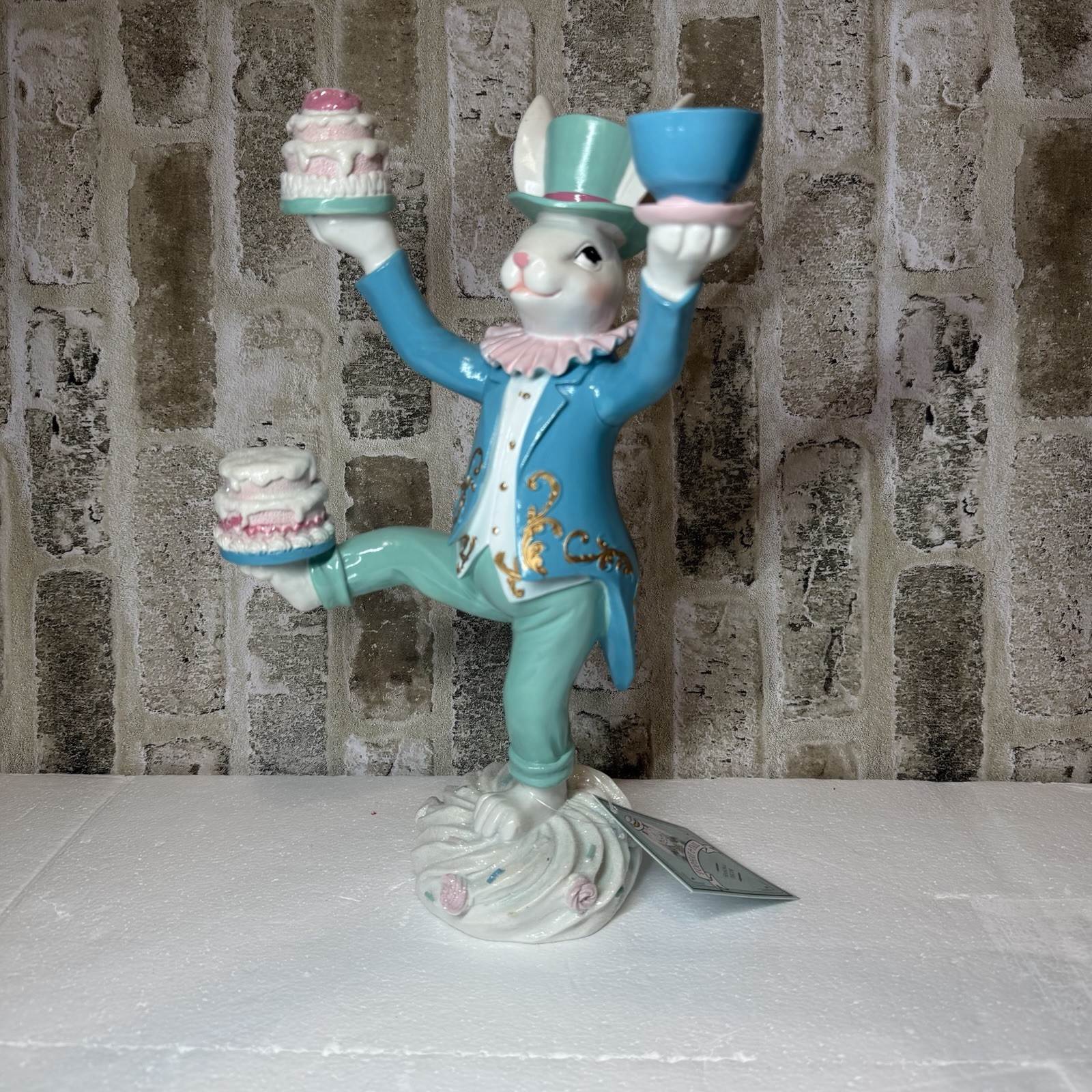 NWT! 12.5” TOPHAT & TAIL EASTER BUNNY Mad Hatter Balancing Teacup And Cakes