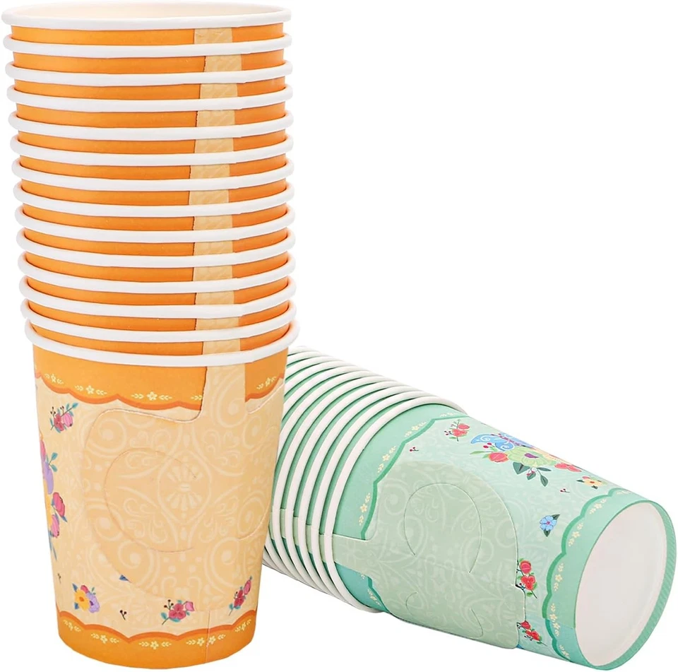 Frcctre 50 Pack Floral Paper Tea Cups and Saucers, 9 oz Middle, Green+Orange  - Image 4 of 4