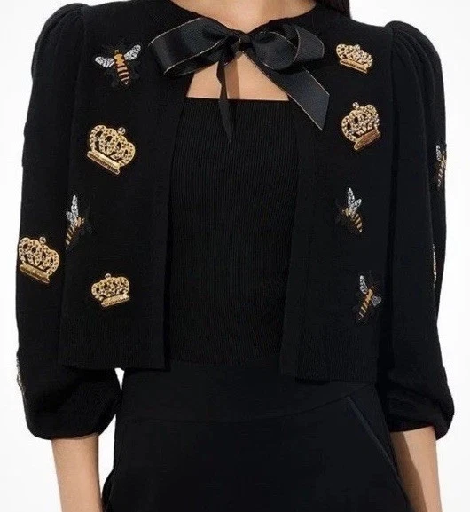 Suéter Cárdigan Alice + Olivia Kitty Bee Corona y Lazo Negro Talla Grande $595 Nuevo con Etiquetas Foto 3 de 4