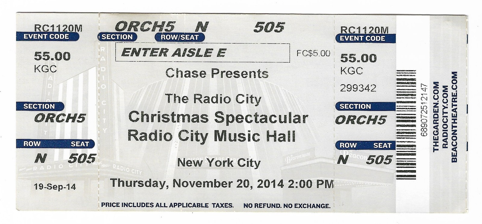 Radio City Music Hall Christmas Spectacular 11/20/14 NYC New York Ticket Stub!