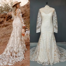 High Slit Beach V Neck Wedding Dress Lace Long Sleeves Boho Mermaid Bridal Gowns
