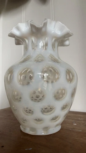 Fenton French Opalescent Coin Dot Ruffled Edge Vase 8 inches tall
