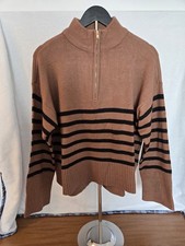 DKNY Womens Brown/Black Sweater. Slight Hi/Lo, 3/4 Zipper. Size Large.