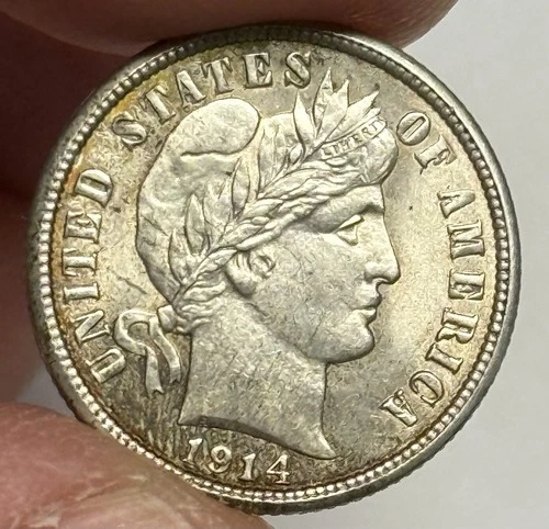 AU++ 1914-P Barber Silver Dime (very light rev cleaning?), U.S. Type 10c Coin