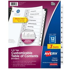 Avery Dividers for 3 Ring Binders, 12 Tabs per Set, Customizable Table of