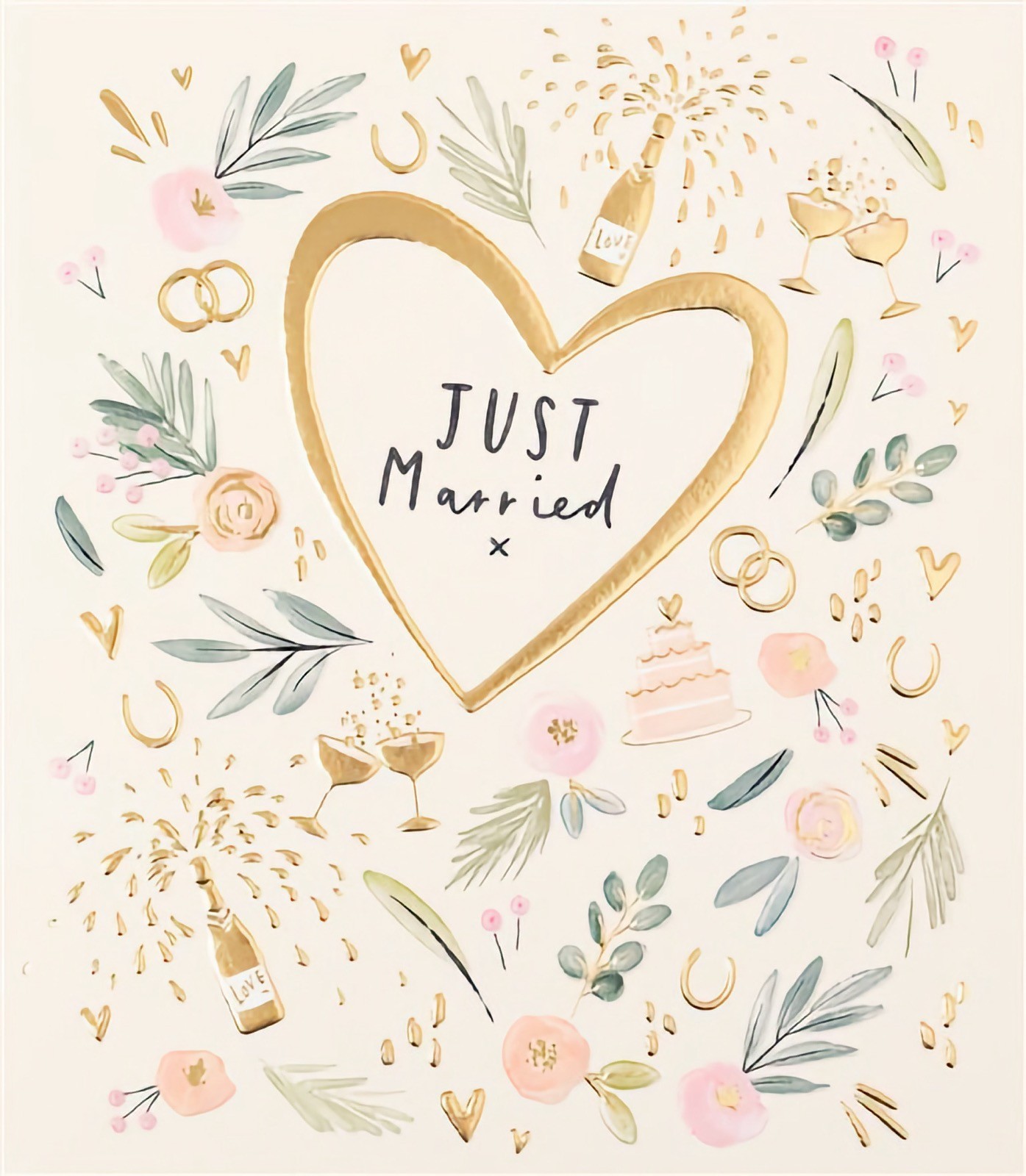 Just Married Wedding Day Card Premium Cake Champagne Wishing You Much Happiness