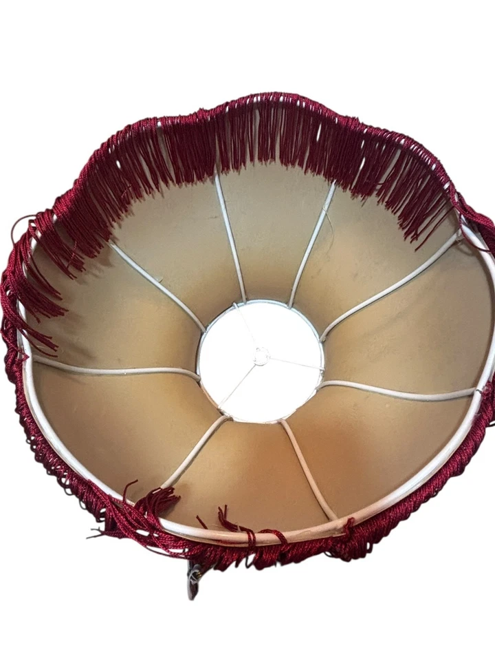 Vintage Burgundy Fabric Bell Shape Lampshade With Floral Pattern & Fringe Detail - Image 3 of 4