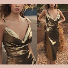 NWT IEENA Mac Duggal [ 2 ] 27057 Antique Gold Metallic V Neck Midi Dress U1963