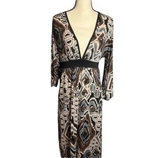Dots Brown Black White Geographic V-neck Front Back Flutter Sleeve Maxi Size Med