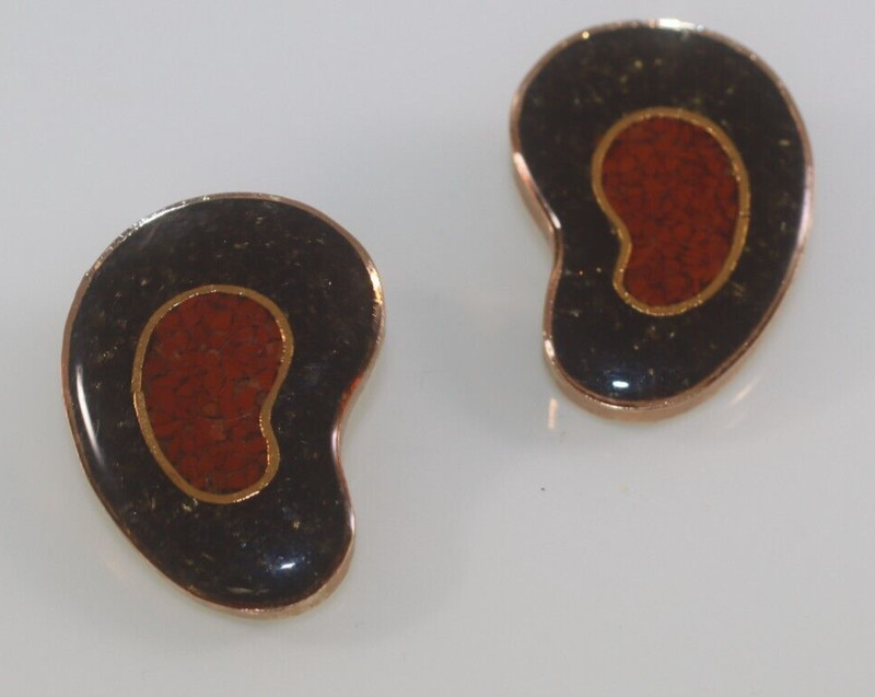 Artisan Handmade Bean Shaped Gold plated Earrings Crushed Jasper? Signed E.K.