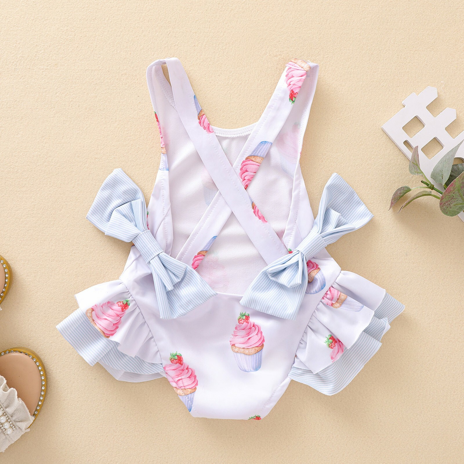 Kids Baby Girls One Piece Swimwear Ice Cream Print Bow Backless Ruffled