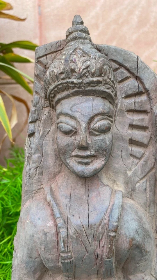 Figura de panel de diosa hindú Laxmi tallada a mano antigua de madera 17 Foto 3 de 4