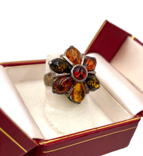 OLD VINTAGE VARIOUS AMBER CABOCHON STERLING SILVER 925 Ring SIZE 7 FLOWER DESIGN