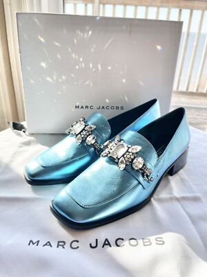 Marc Jacobs TILDE SkyBlue Leather Rhinestone Embellish Stack Heel LoaferUS9-8.5M