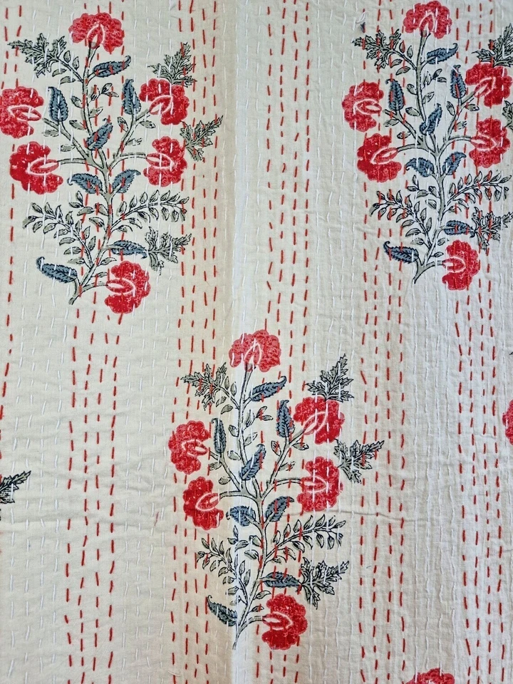 Indian Handmade Cotton kantha Quilt hand Block print King Size Bedspread Blanket - Image 4 of 4