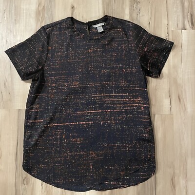 H&M Dark Navy Blue Speckled Top Short Sleeve Blouse Silky T-shirt Size 8 EUC