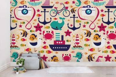 3D Cartoon Fish Anchor Whale Star Self-adhesive Removeable Wallpaper Wall Mural
