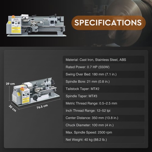 CREWORKS Mini Metal Lathe 18x35cm 550W DC Motor 2500rpm LCD Display 3-Jaw Chunk - Picture 8 of 8