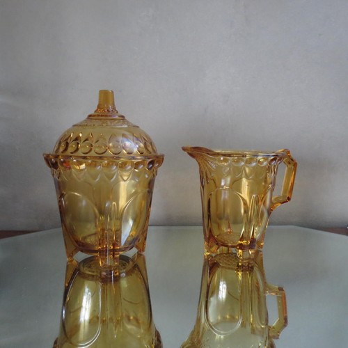 Adams Glass Antique EAPG Buttressed Loop Creamer and Covered Sugar Amber - Picture 4 of 24