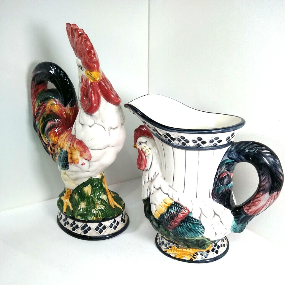 Большой винтажный керамический глянец глазурованный многоцветный петух и курица. - Изображение 4 из 4