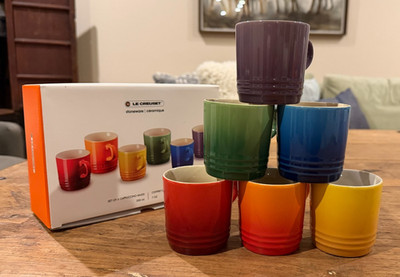 Le Creuset Stoneware Rainbow Multicolor Set of 6 7oz London Cappuccino Mugs NEW