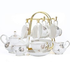 Porcelain Ceramic 22-Piece Tea Set, Teapot and Cup Set, 30.7 Ounces, for 6, G...