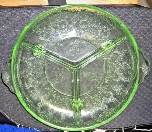 Vintage Hocking Uranium Glass BALLERINA DANCING GIRL Cameo Divided Relish Dish