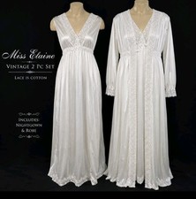 Miss Elaine Robe Gown Set Small White Nylon Lace Trim V-Neck Button