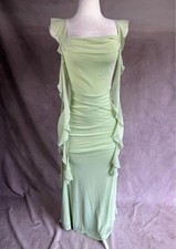 CIDER Sage Green Fairy Y2K Ruffle Draped Bodycon Maxi Dress UK 8