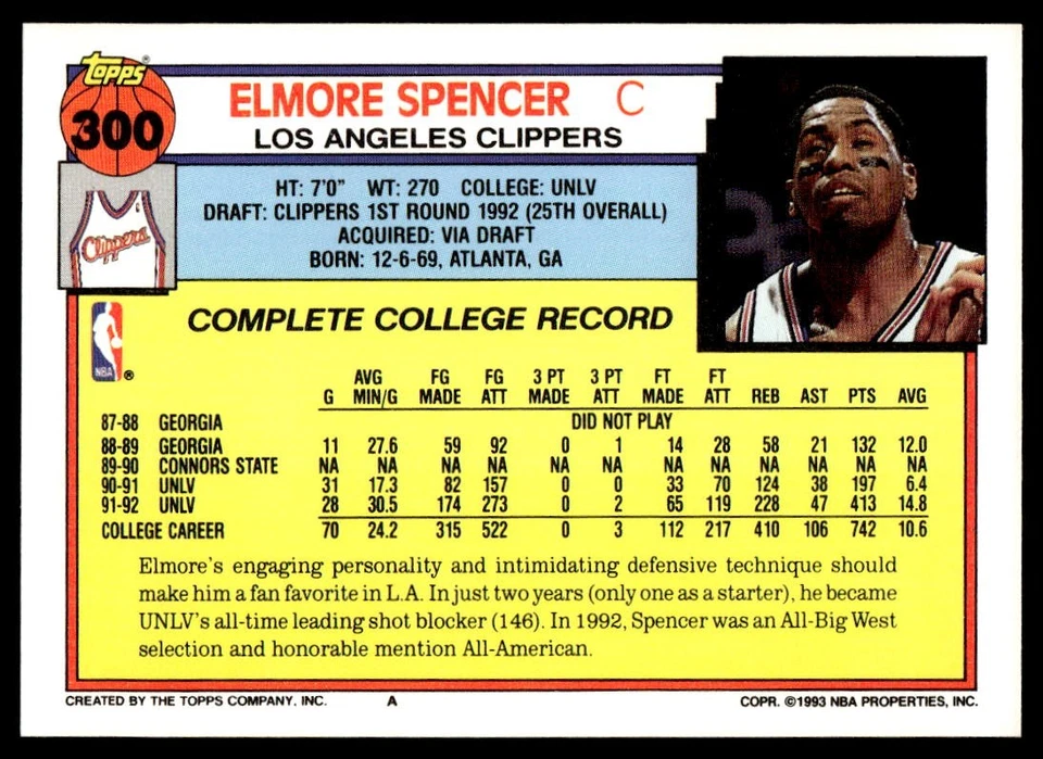 1992-93 Topps Elmore Spencer #300 Rookie Los Angeles Clippers - Image 2 of 2