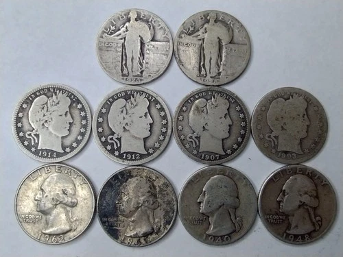 Silver Quarter 10 Coin Lot Barber Liberty Washington